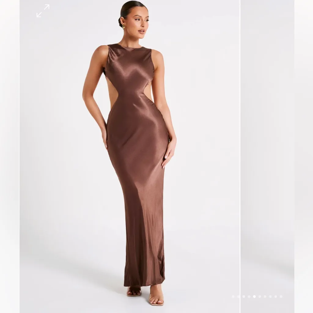 Meshki Satin Cutout Dress in Mocha - Image 5