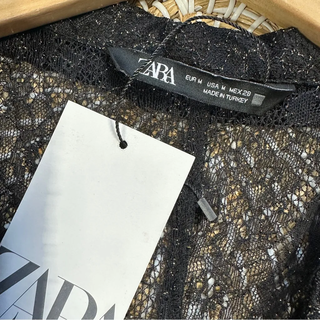 NWT Zara Women’s Ruched Front Lace Blouse Top V-Neck Sheer Shimmer Black Gold M - Image 12