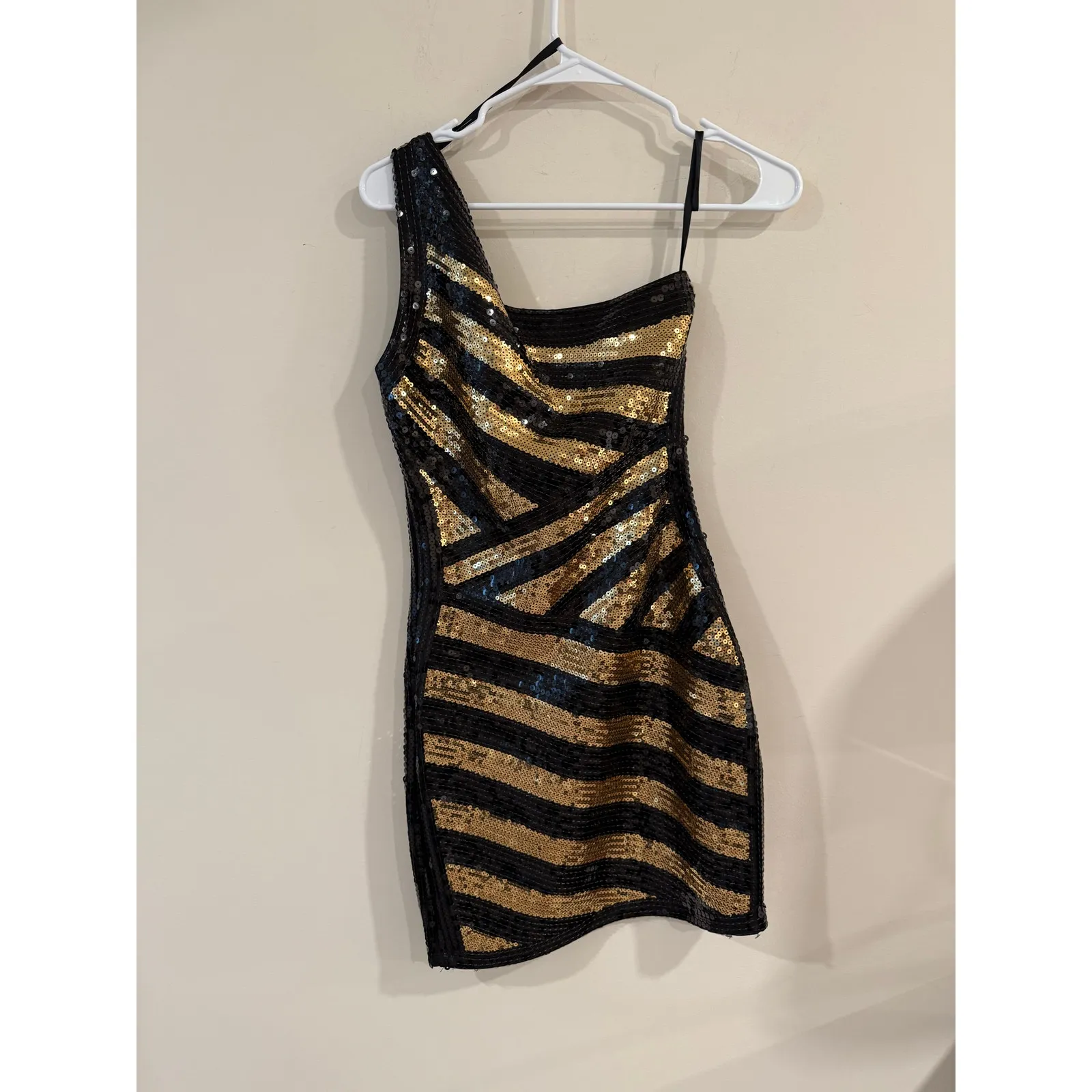2B Bebe One Shoulder Striped Sequin Bodycon Mini Dress Black/Gold Women's Small Gold - Image 2