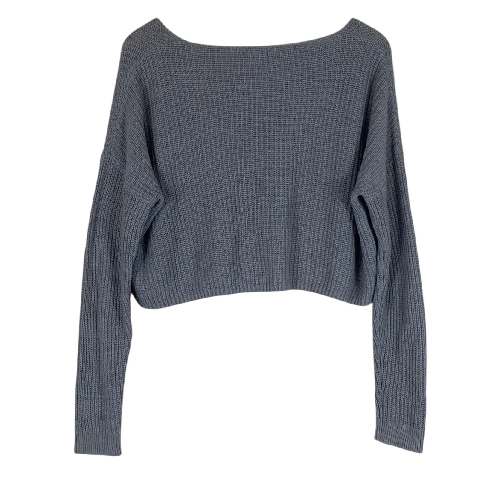 Wild Fable Cropped Sweater Womens L Gray Cotton Waffle Knit V-neck Cozy Slouchy - Image 3