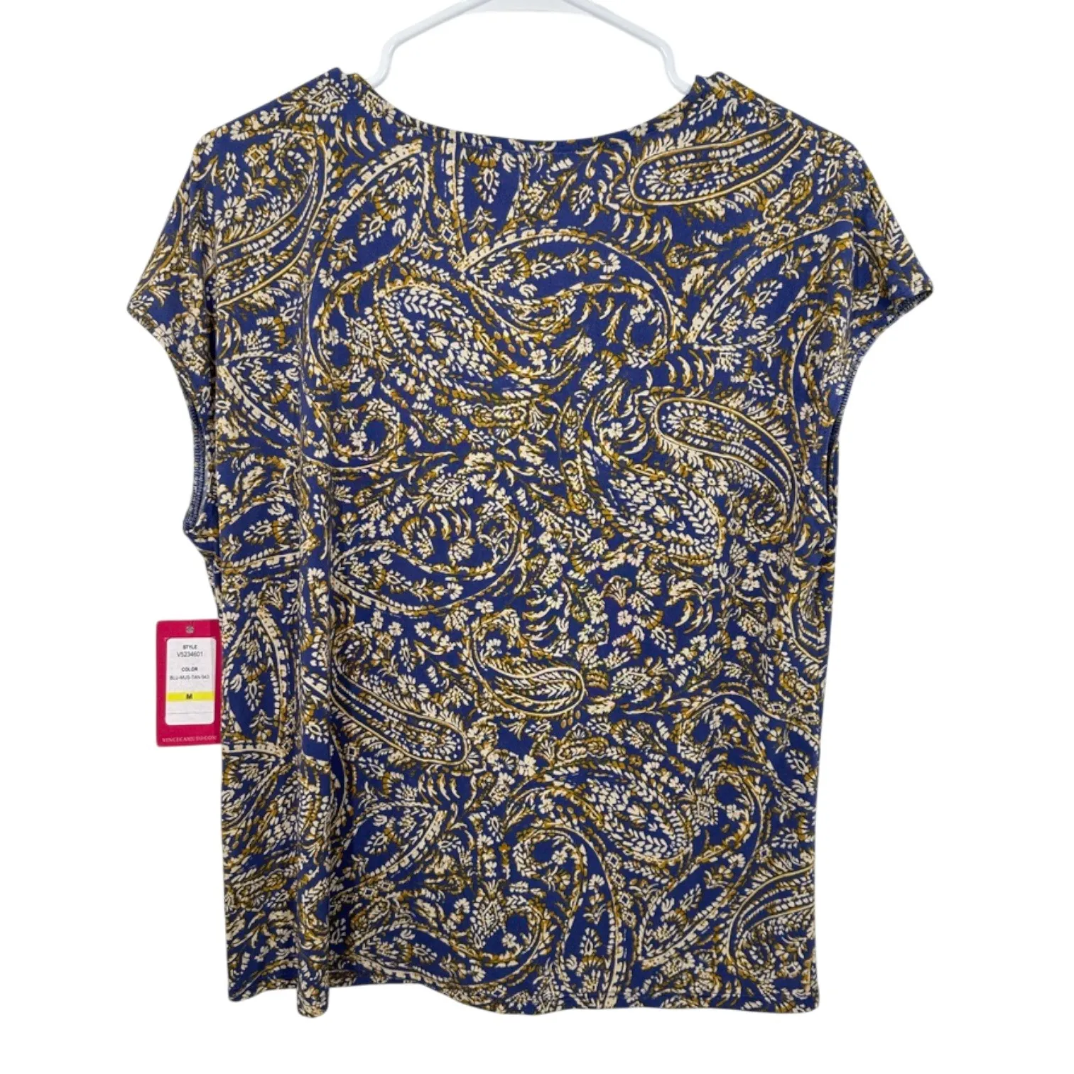 Vince Camuto Women's Blue Tan Paisley Print V Neck Cap Sleeve Top Size M NWT - Image 2