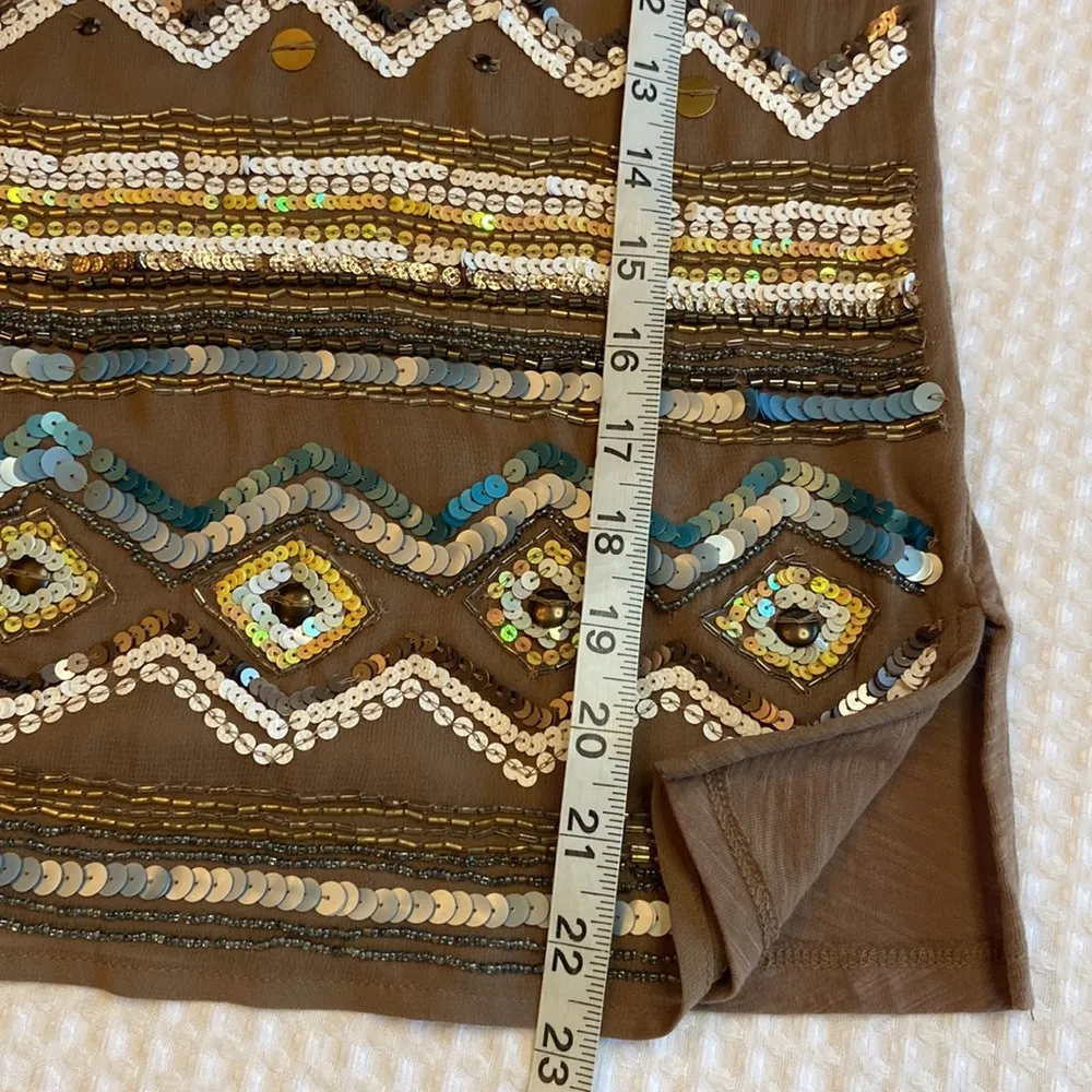 DELETTA ANTHROPOLOGIE S Sequined Beaded Sleeveless Cap Sleeve Shirt Top Tan Blue - Image 11