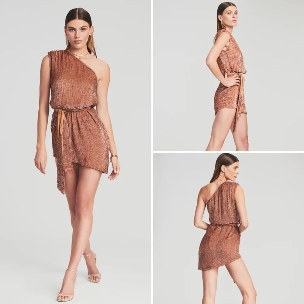 Retrofete Sequins One Shoulder Bronze Velvet Waist Tie Ella Mini Dress L - Image 4