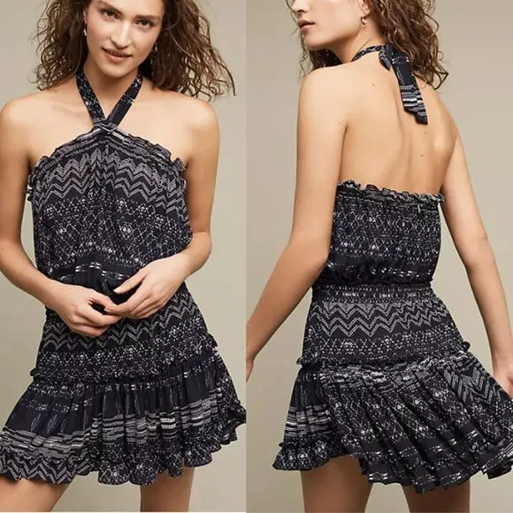 MISA Molina Sleeveless Tiered Ruffle Hem Halter Mini Dress Navy Women's Sz XS - Image 2