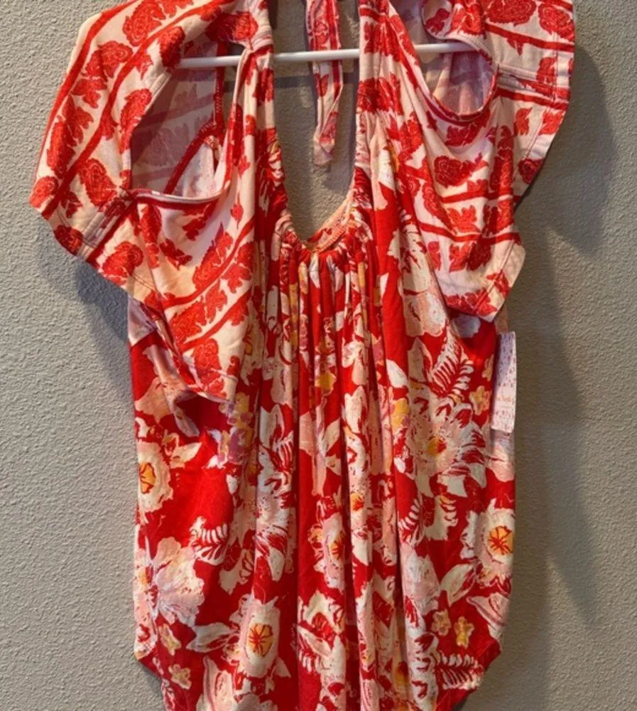 Free People Baja Babe Red Floral Tie Back Knit Tee – Size Small‎ – NWT - Image 4