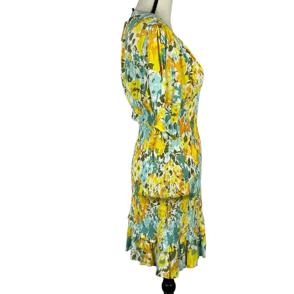 Faithfull The Brand SZ 4 Margherita Mini Dress Annina Floral V-Neck Smocked - Image 5