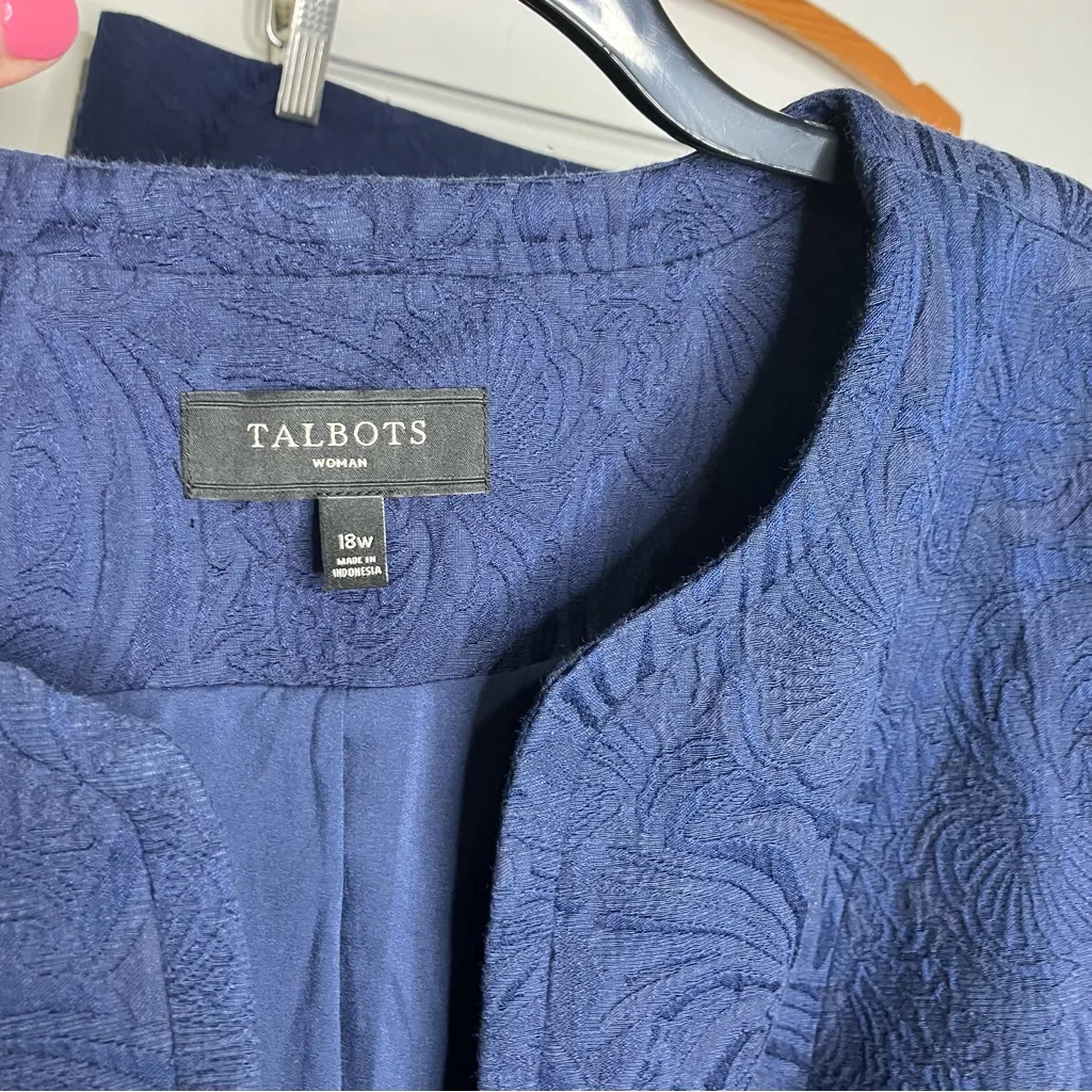 Talbots navy blue jacquard‎ blazer & skirt set women’s size 18W professional - Image 4