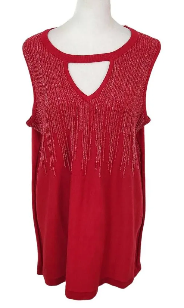 Ashley Stewart Red Sleeveless Top with Silver Accents Size 14-16 Red Sparkly Top - Image 1