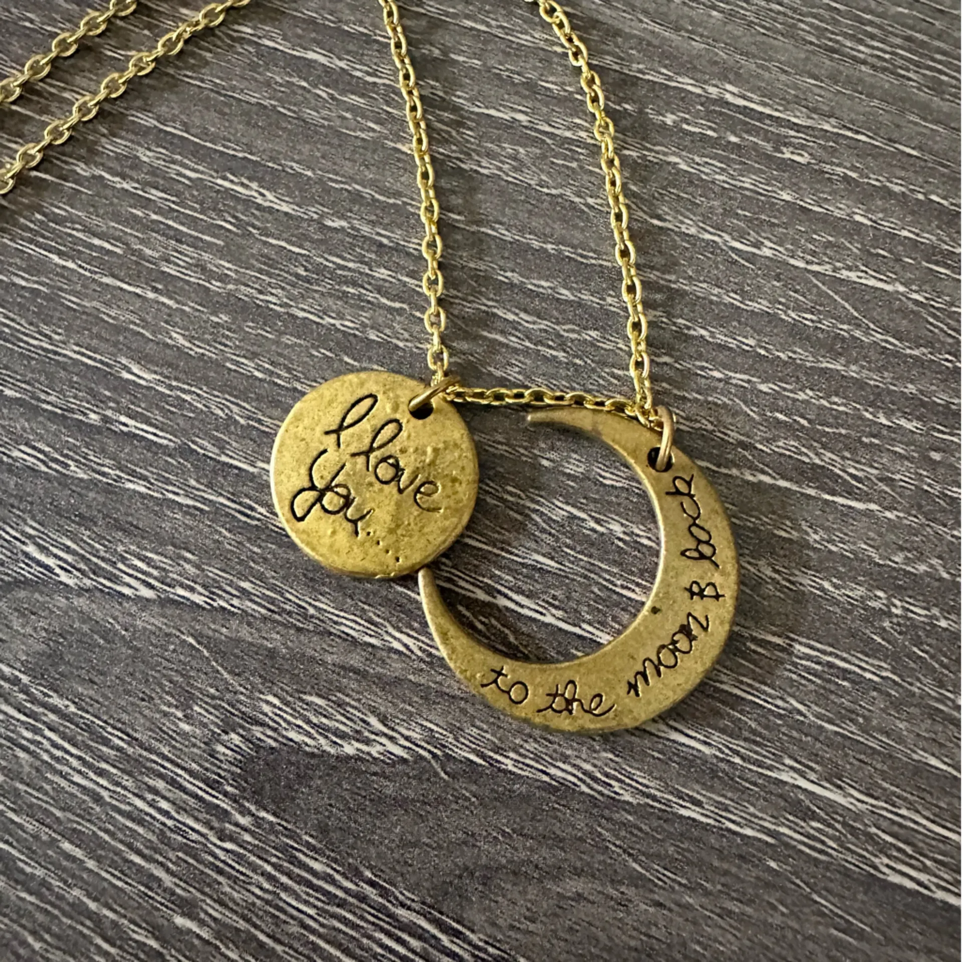 I Love You To The Moon and Back Necklace Brass Gold Tone - Image 2