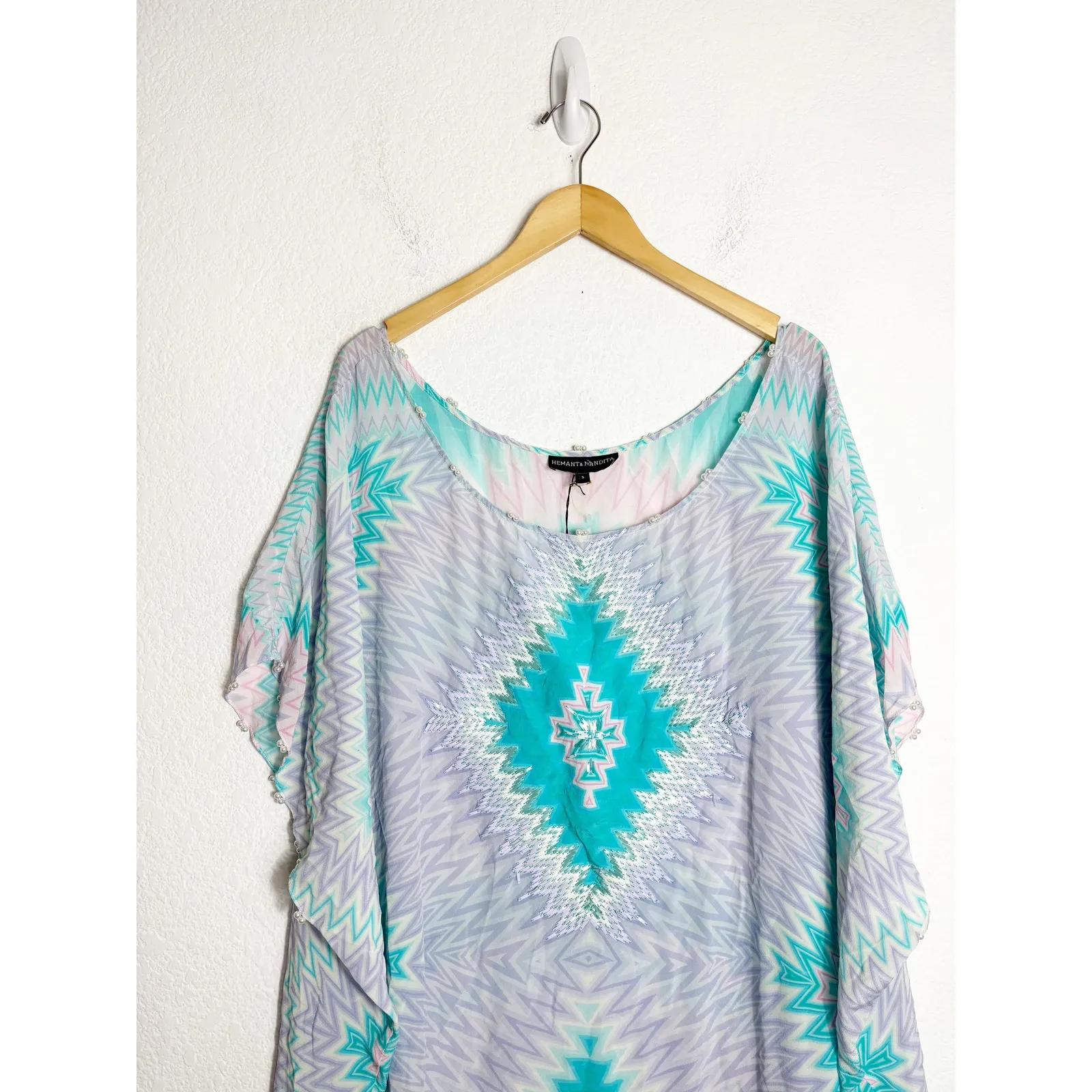 Hemant & Nandita Caftan Small 100% Silk Beach Coverup Blue Chevron Boho Beaded - Image 5