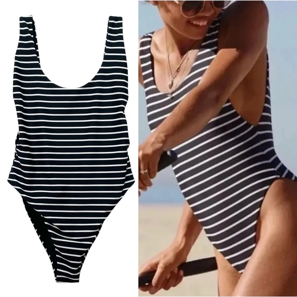 Aerie Super Scoop One Piece Swimsuit Size Large Black White Stripe Hi Cut Cheeky - Image 2