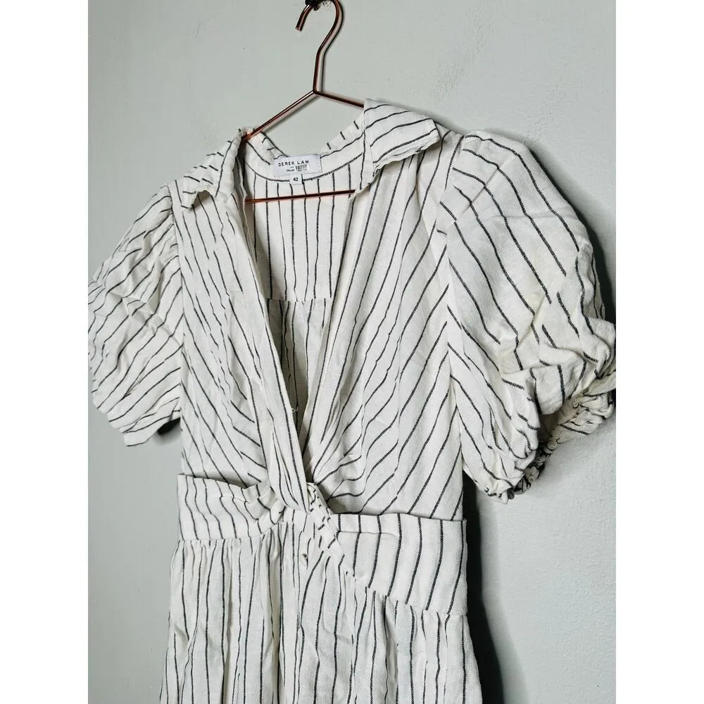 DEREK LAM COLLECTIVE White Stripe Linen Collar Knot Waist Shirt Dress Size 42 - Image 13