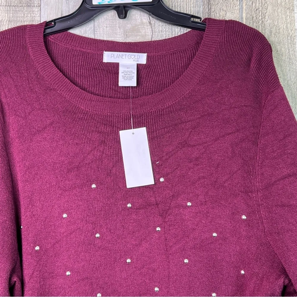 Planet Gold Plus 3X Silver Studded Ribbed Crewneck Maroon Sweater Dress - Image 7