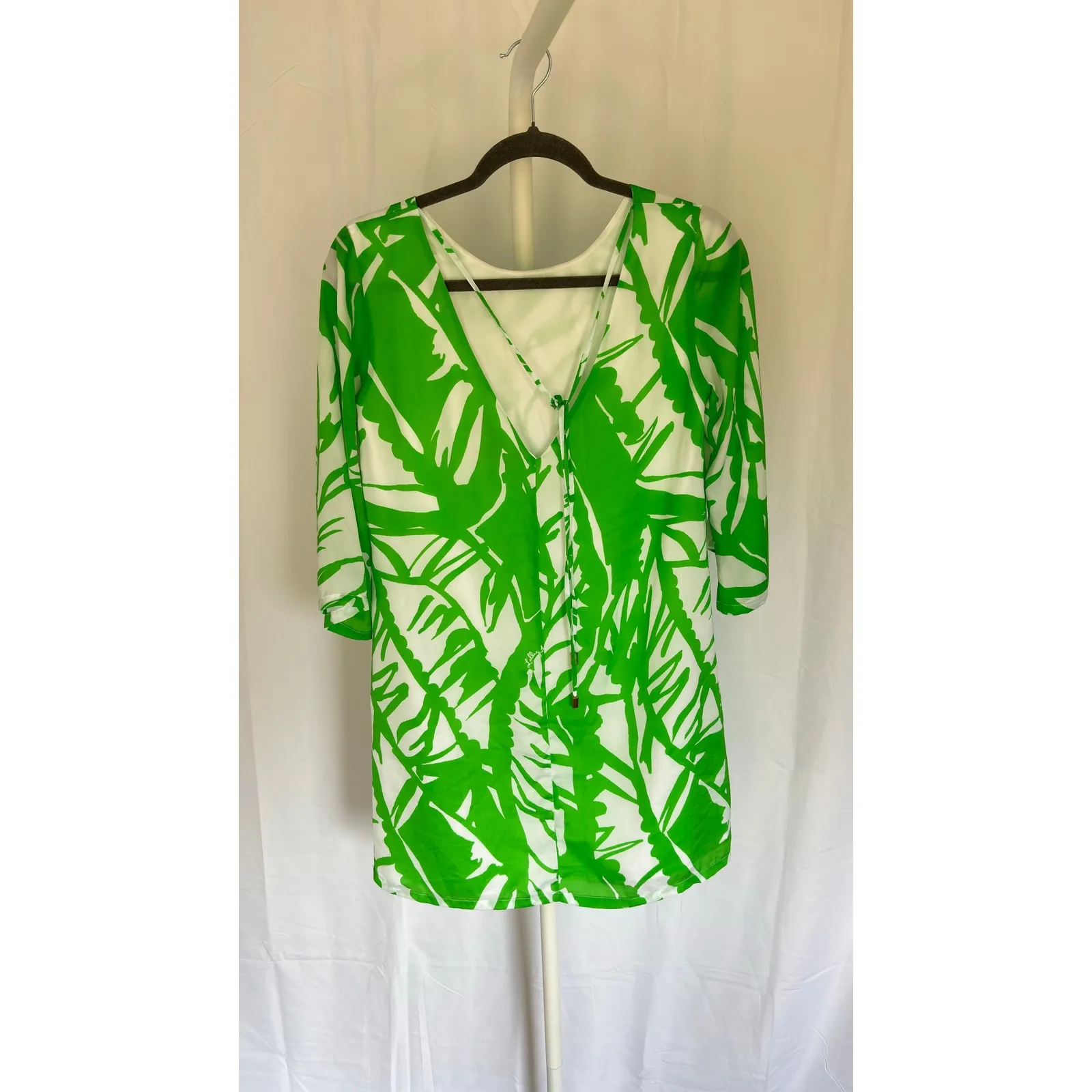 Lilly Pulitzer Kaftan Dress Green White Leaf Print Resort Beach Cover Up XS - Image 7