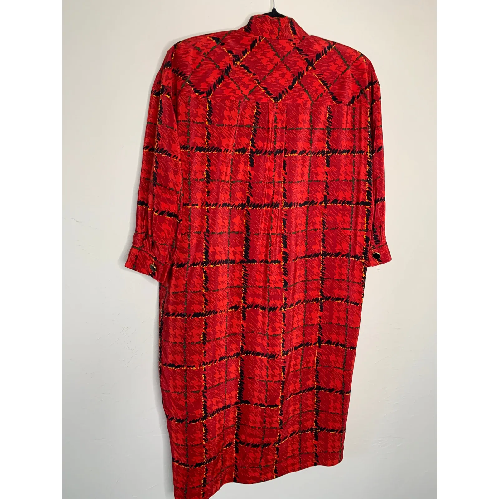 100% Silk Vintage Plaid Shift Dress 3/4 Sleeve 90s Career Indie Sz 8 Red - Image 6