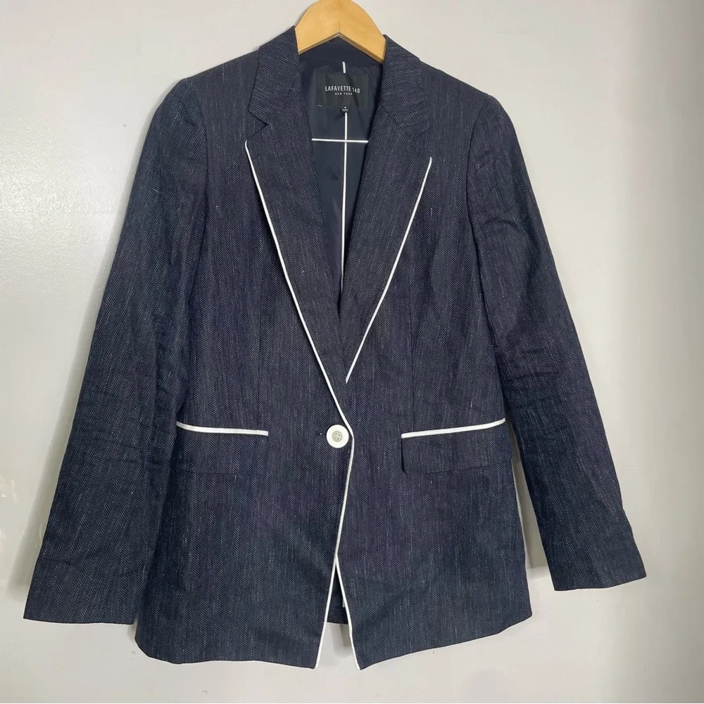 Lafayette 148 New York Rhoda Blazer Women Sz 4 Navy Herringbone Linen Denim $698 Blue - Image 3
