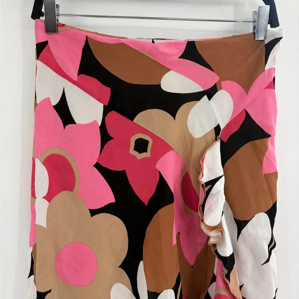 Y2K Floral boho Midi Skirt Pink Brown Ruffle Wrap fairy downtown Style Size 8 Tan - Image 3