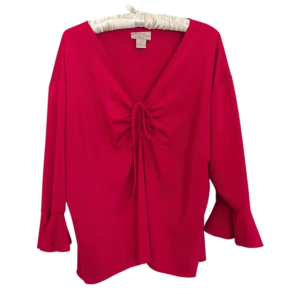 Vintage 90s 3X Red Silky Satin Flowy Ruched Bow Top with V Neck Flared Sleeves - Image 6