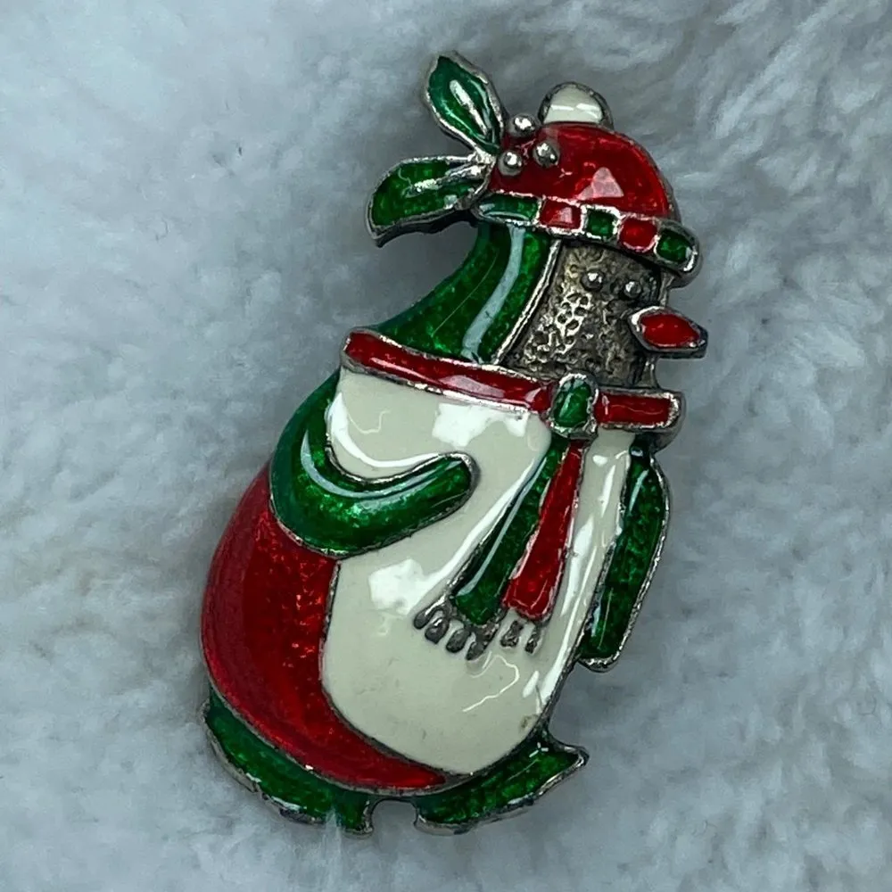 Christmas Holiday Penguin Jewelry Pin Brooch Silver Green Red White Colorful - Image 9