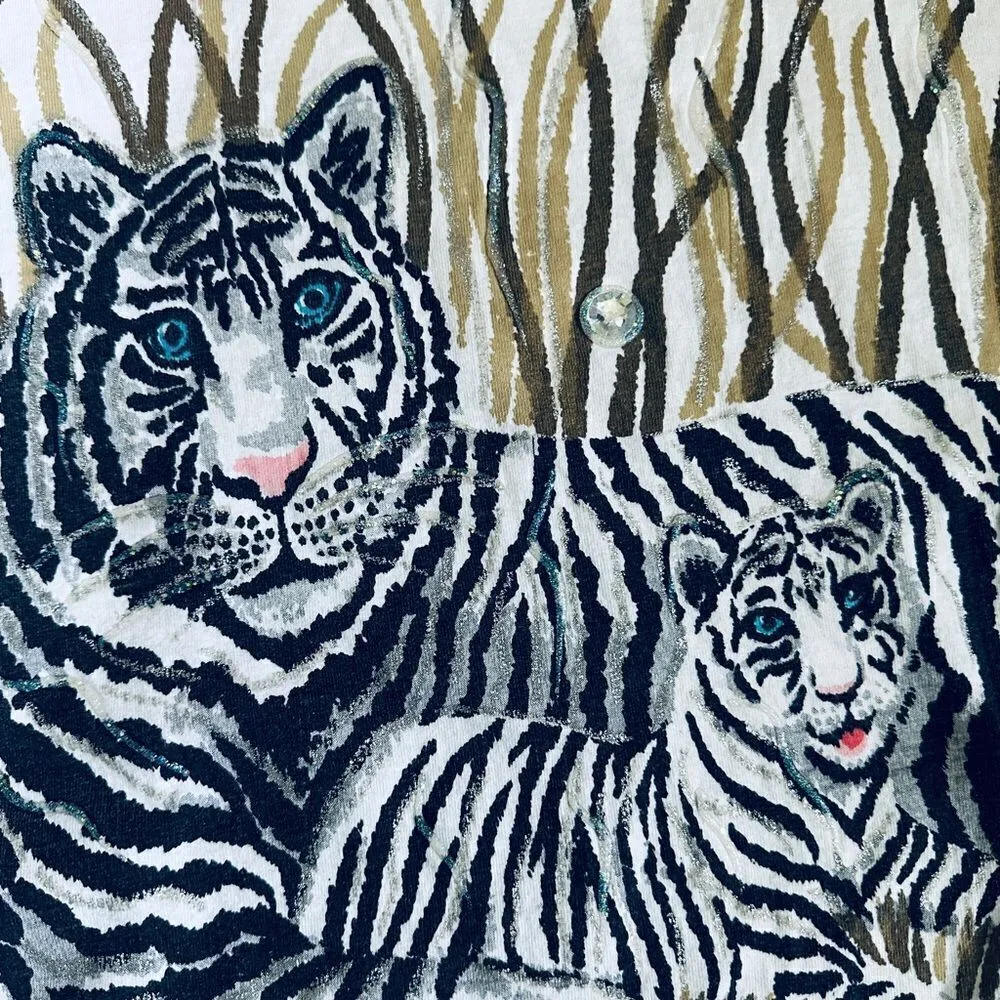 Vintage Ease Sport White Tiger Mom & Baby Artsy Hand Painted Tunic T Shirt Size L - Image 7