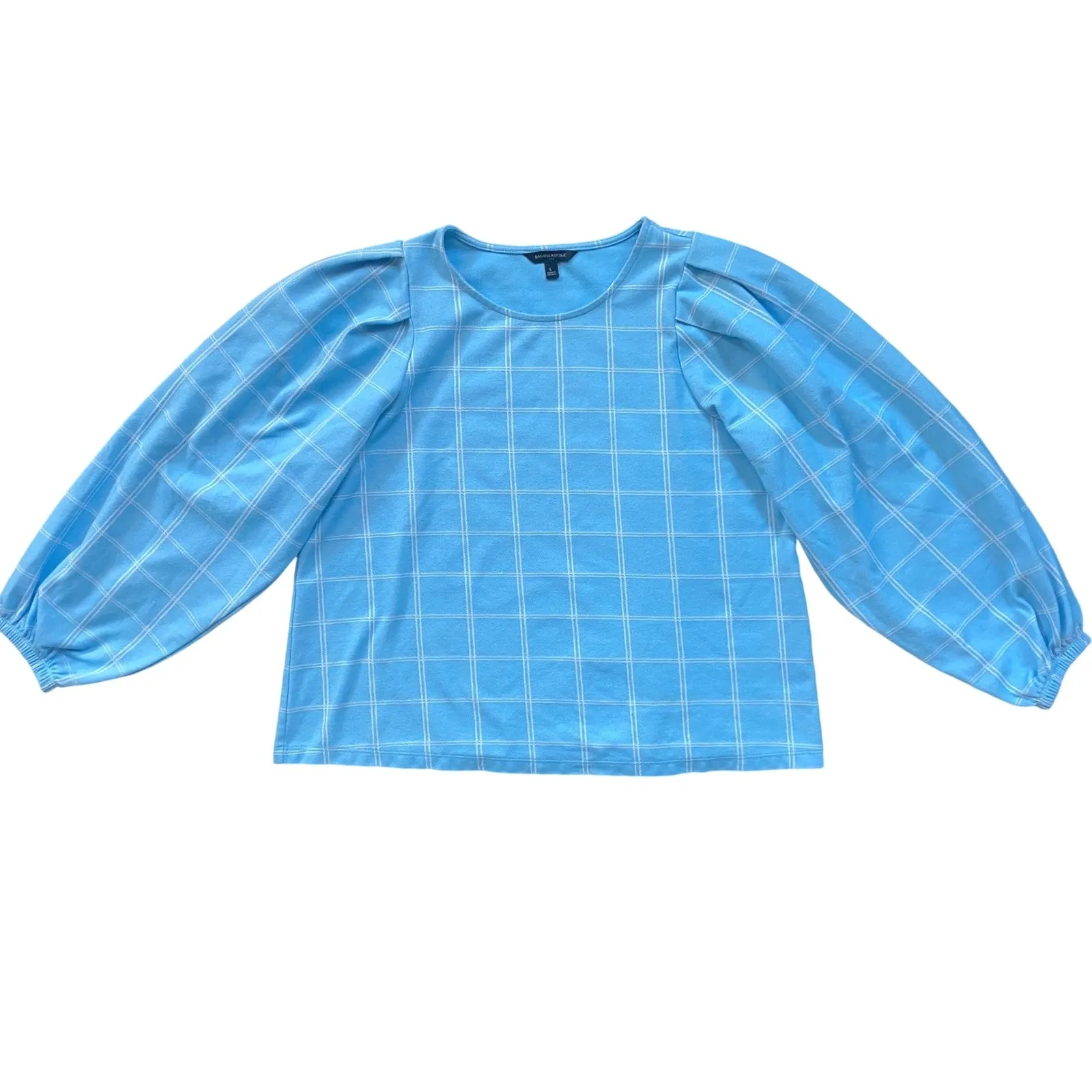 Blue Plaid Puff Sleeve Crew Neck Top Banana Republic Women's Size L EUC - Image 9