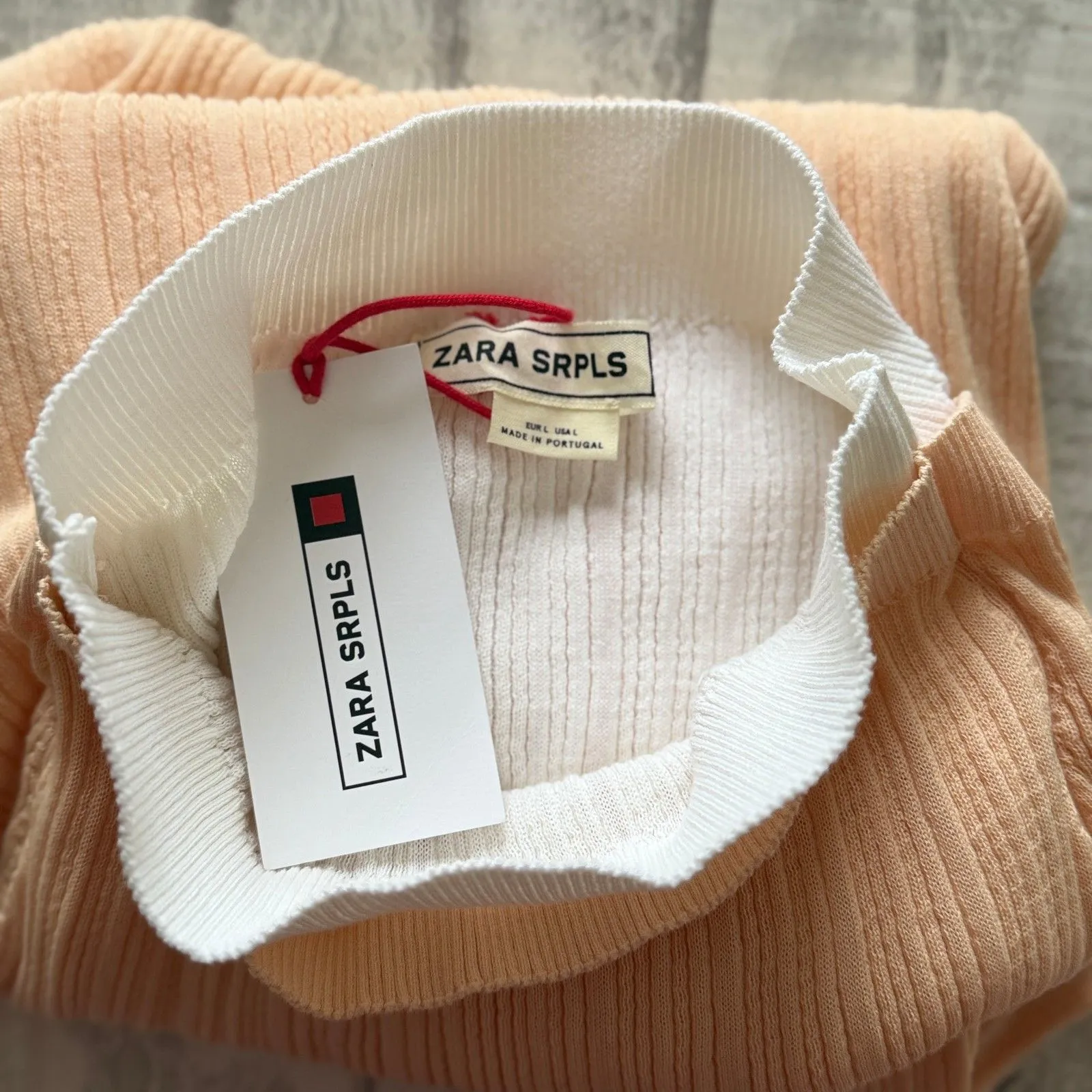 NWT Zara Srpls Peach White Layered Midi Skirt Ribbed High Waist Knit Sz L Orange Size L - Image 4