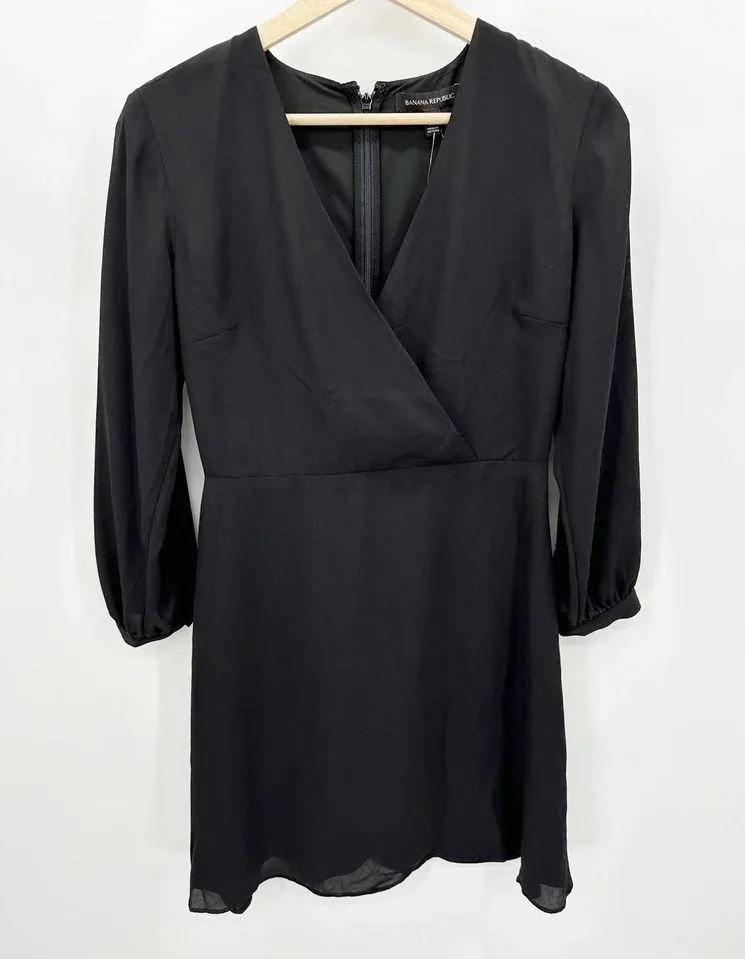 Banana Republic Dress Women 2 PETITE Black Solid Long Sleeve V-Neck Wrap Mini - Image 12