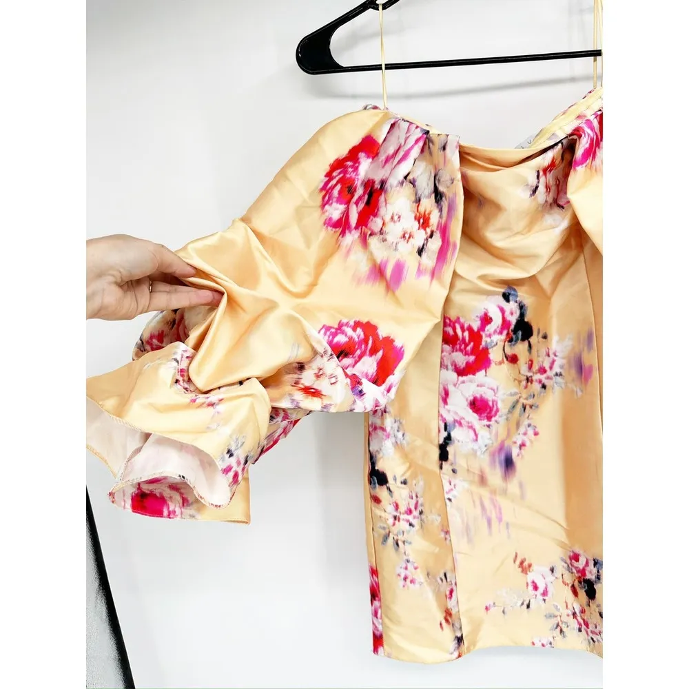 ASOS LUXE Drama Sleeve Structured Satin Off Shoulder Mini Dress in Floral Print - Image 3