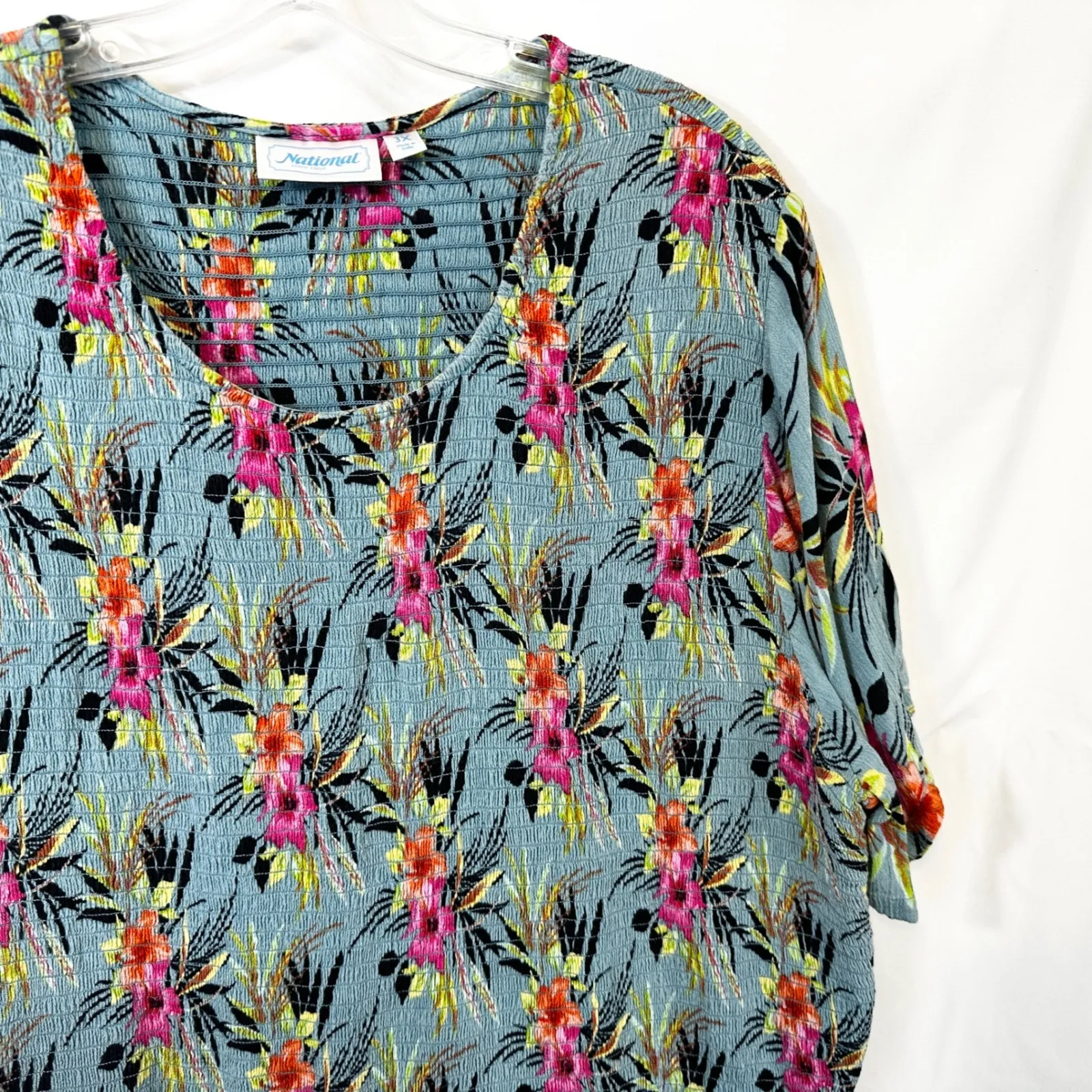 National Plus Size 3X Maxi Dress Blue Floral Smocked Short Sleeve Vacation 1766 - Image 5