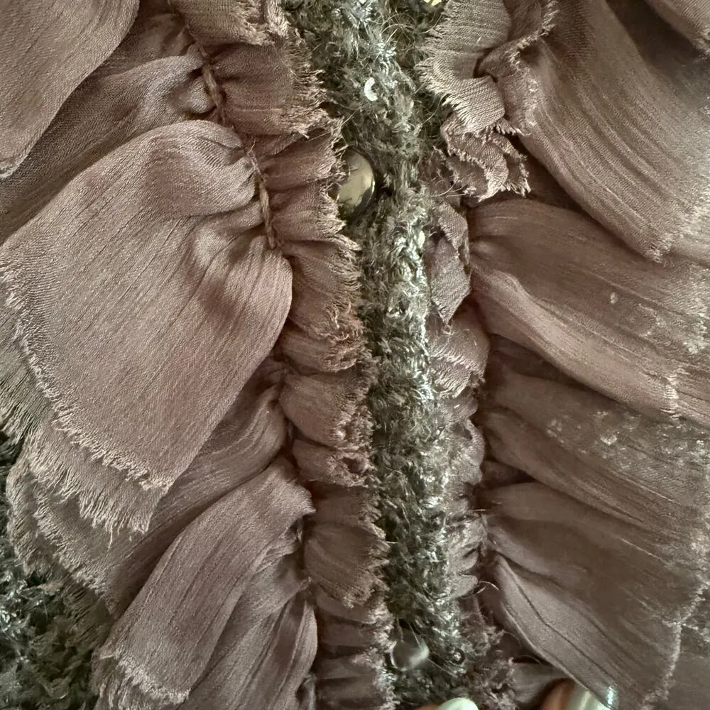 PROJECT ALABAMA | Gray Lightweight Sequin Ruffle Trim Open Knit Cardigan | Small - Image 5