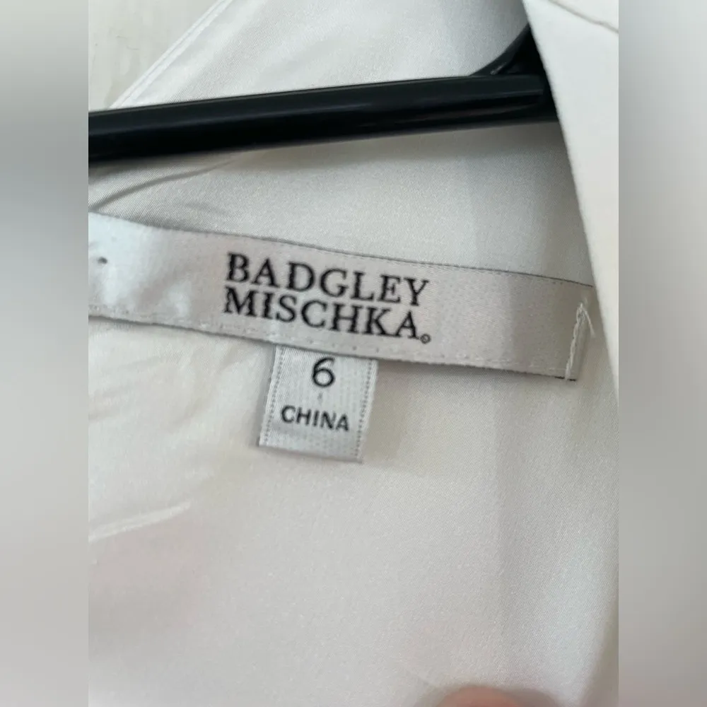 Badgley Mischka white, A-line, v neck wedding dress, cap sleeve, crochet back; 6 - Image 11