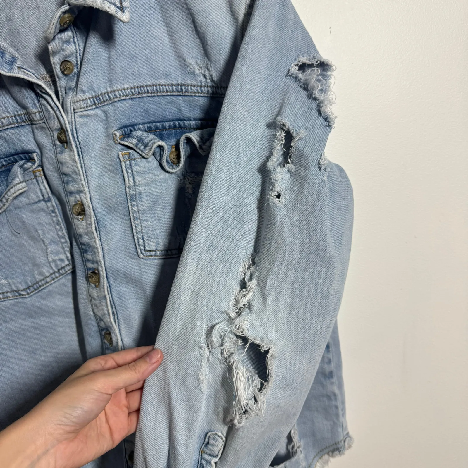 Pilcro Denim Shirt Women M Blue Light Wash Distressed Button Up Western Country - Image 6