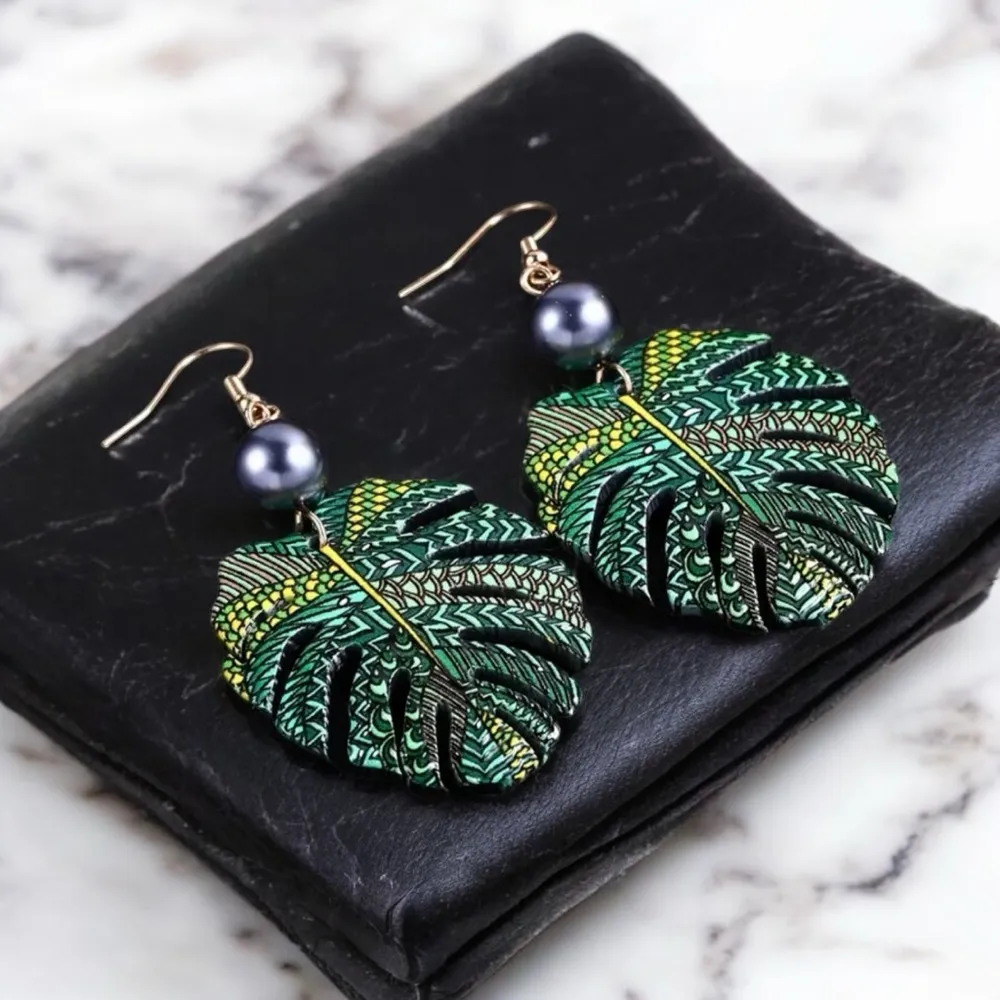 Bohemian Style Green Leaf Drop Earrings With Imitation Pearl Hollow - Image 7