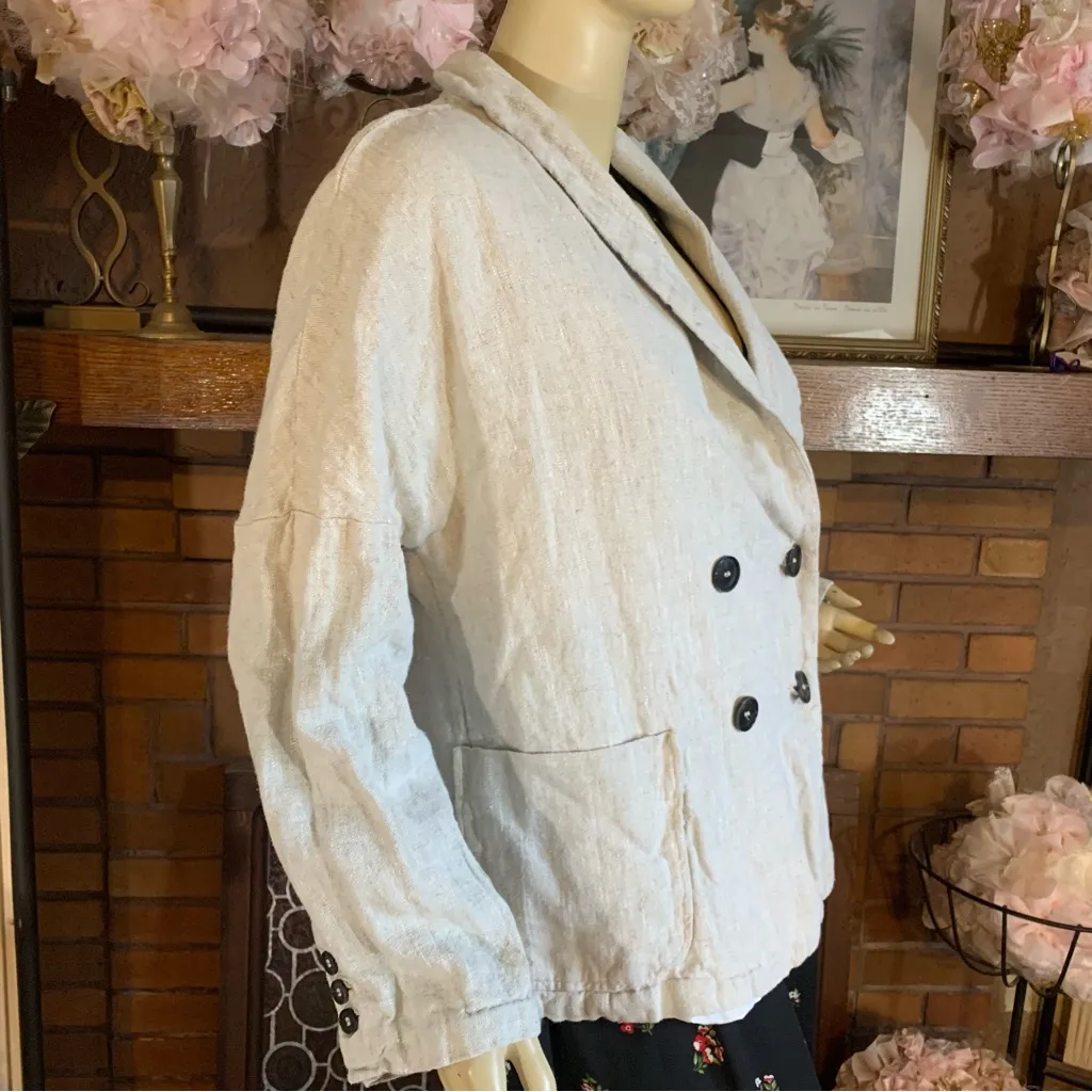 ZARA BEIGE LINEN OVER-SIZED DOUBLE BREASTED BLAZER (M) - Image 3