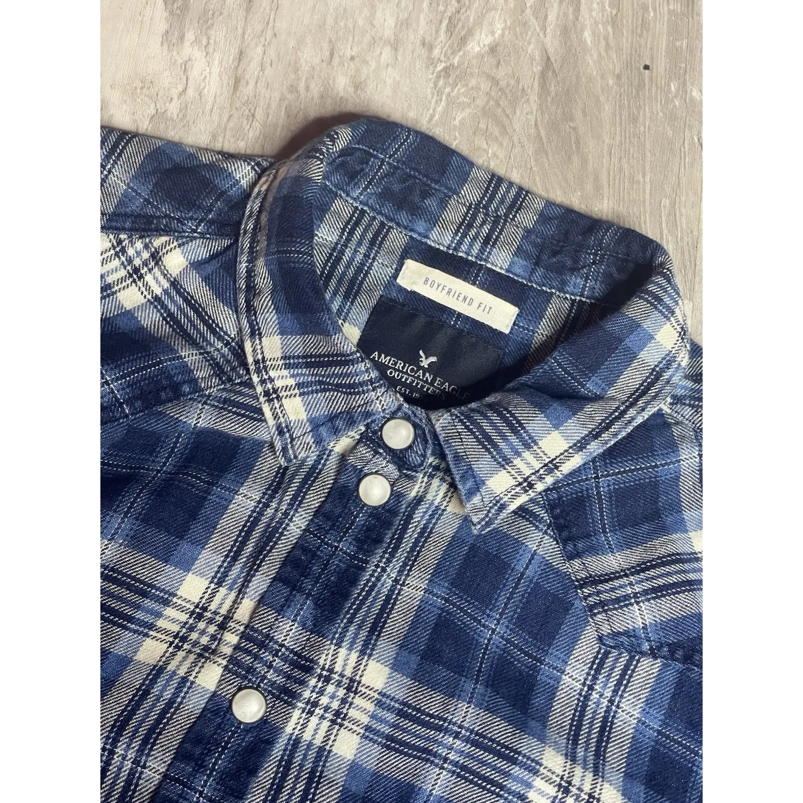American Eagle Flannel‎ Shirt Size S Blue Pearl Snap Boyfriend Western C-0042 - Image 4