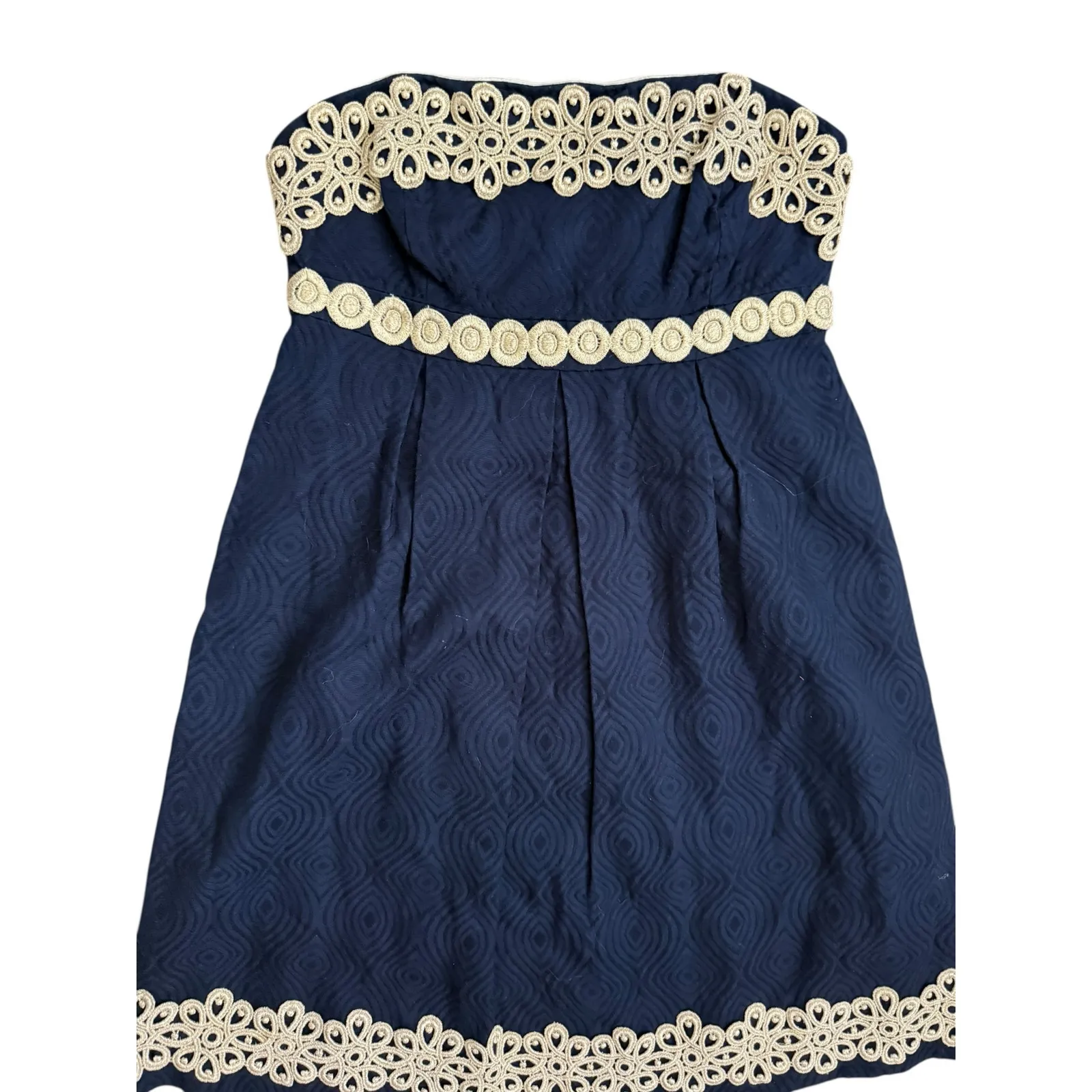 Lilly Pulitzer Betsey Jacquard‎ Gold Lace Navy Blue Strapless Dress Size 0 - Image 4