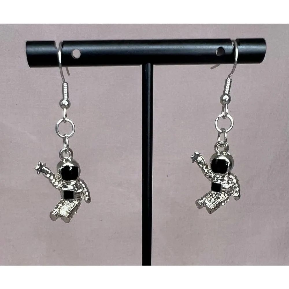 Handmade Dangly Silver Spaceman Earrings - Image 2