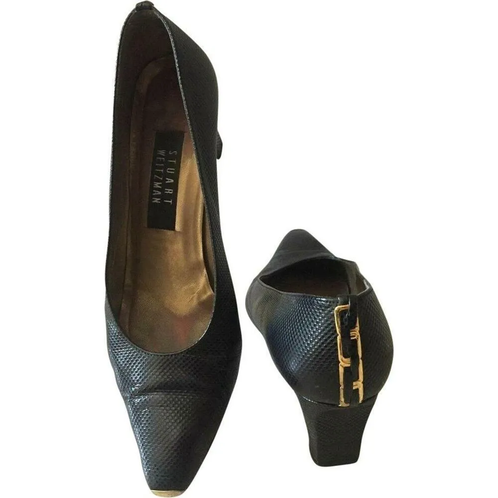 Stuart Weitzman Black Textured Shoe Pump Metal Toe Rand Cap 2 1/2" heel Classic - Image 2