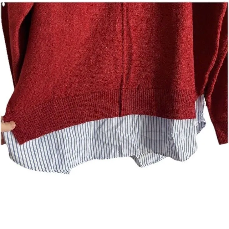 Umgee Women SZ S Red w/White & Blue Striped‎ Faux Layered Hem Pullover Sweater - Image 2
