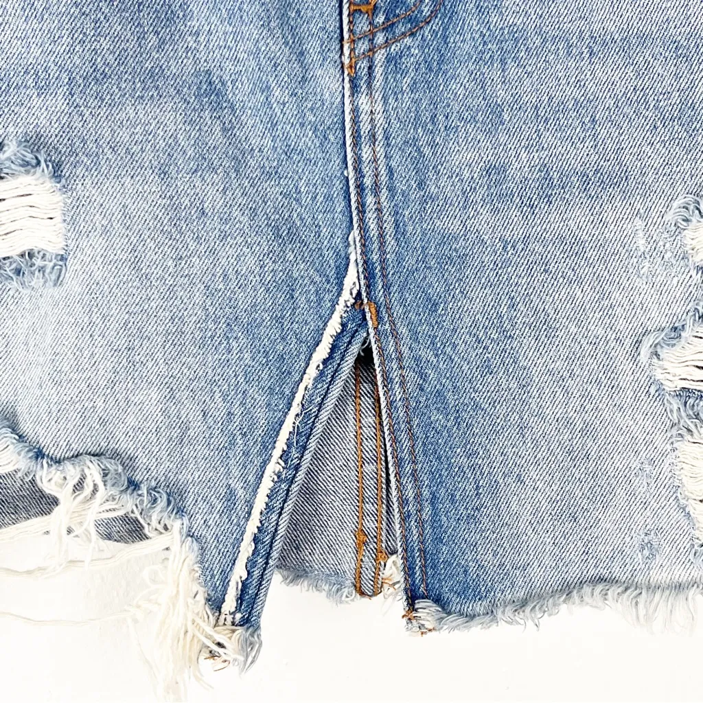 FREE PEOPLE WE THE FREE Ripped Distressed Blue Denim Jean Mini Boho Skirt 26 - Image 11