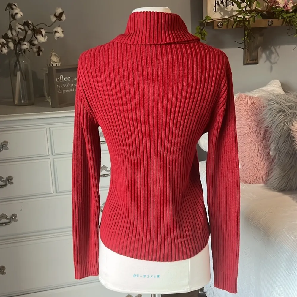 Evan Picone Red Acrylic Pom Pom Sweater Cable Knit Women Small Christmas Holiday - Image 6