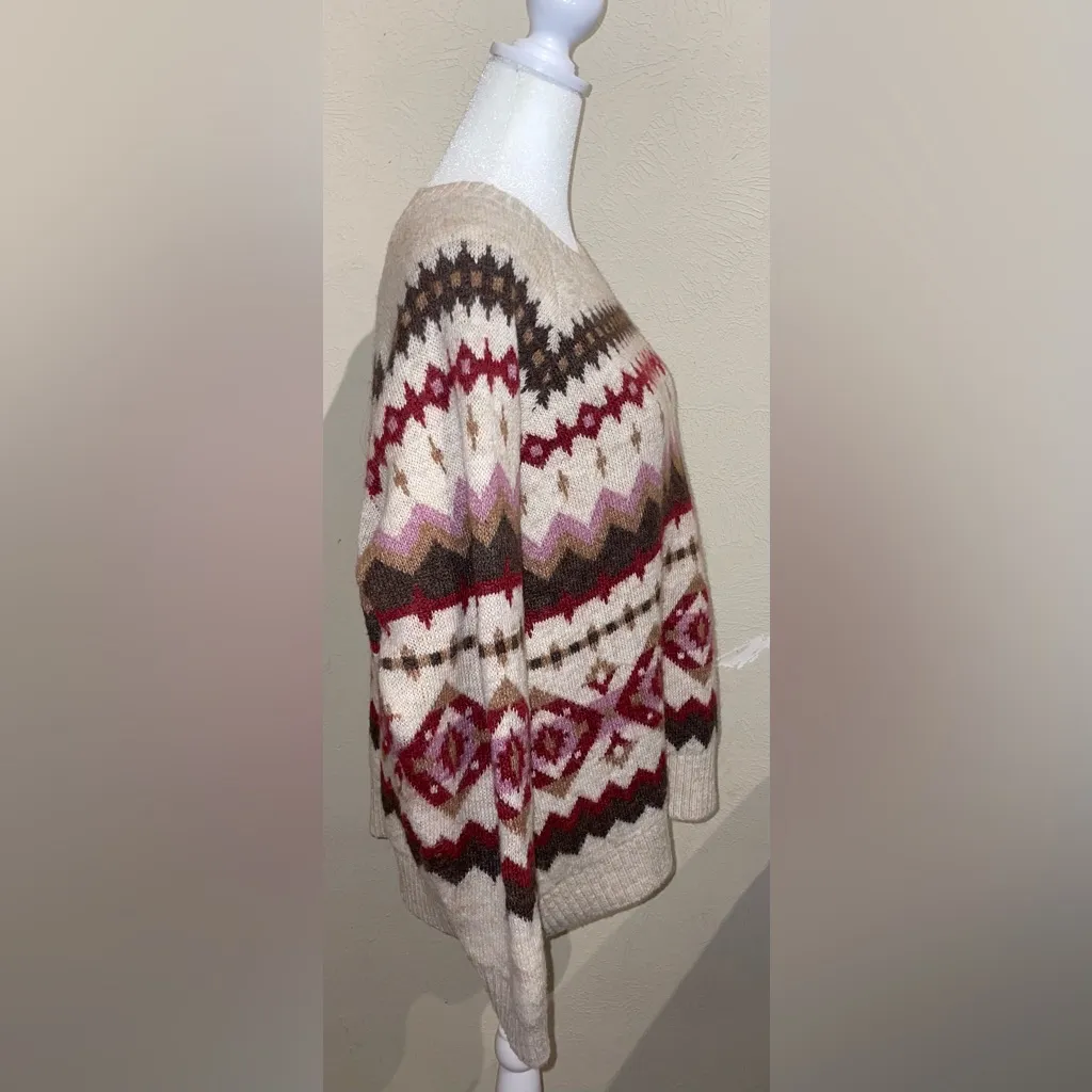 Old Navy Women’s Size M Fair Isle Cream Crew Neck Sweater Pink Burgundy Nordic - Image 7