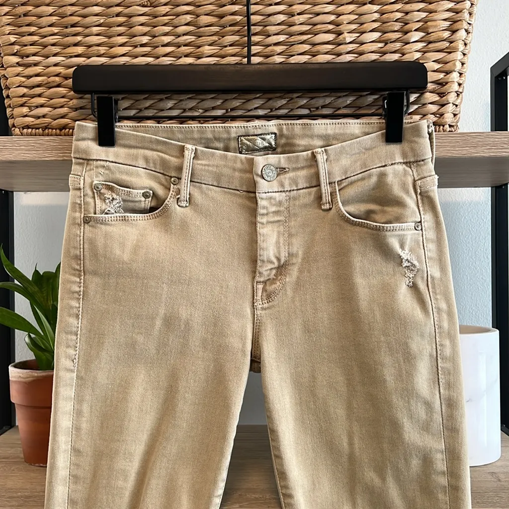 Mother Jeans Low-Rise Looker Blow Out Raw Hem Tan Distressed Tan Ankle Jean, 26 - Image 4