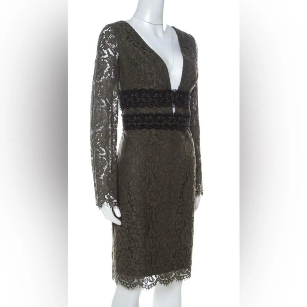 Olive Green V-Neck Long Sleeve Viera Lace Dress Size 8 NEW - Image 2