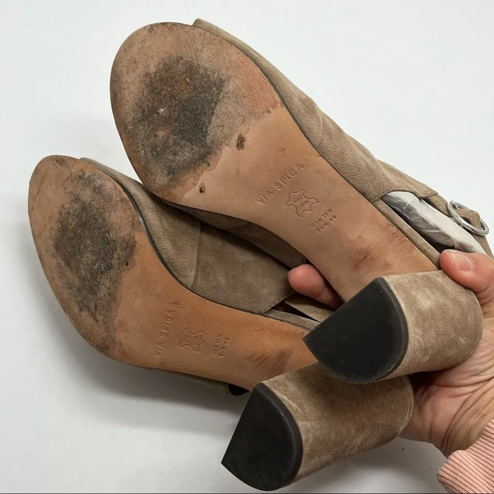 Via Spiga Women's Suede Leather Tan Open Toe Buckle Sling Bootie Block Heel 10 - Image 8