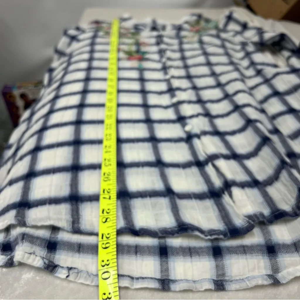 Plaid Button-Up Shirt M Floral Embroidery w/pockets 100%cotton Johnny was vibes - Image 11