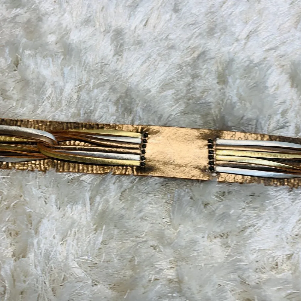 Fossil Gold Silver Wide Leather Belt Sz Medium - Image 5