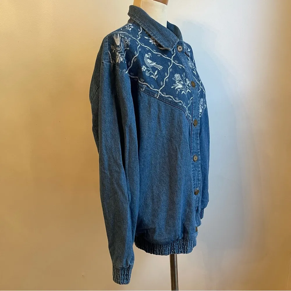 Vintage 90s Teddi Denim Jean Jacket w Embroidered Birds Elastic Size Large Blue - Image 5