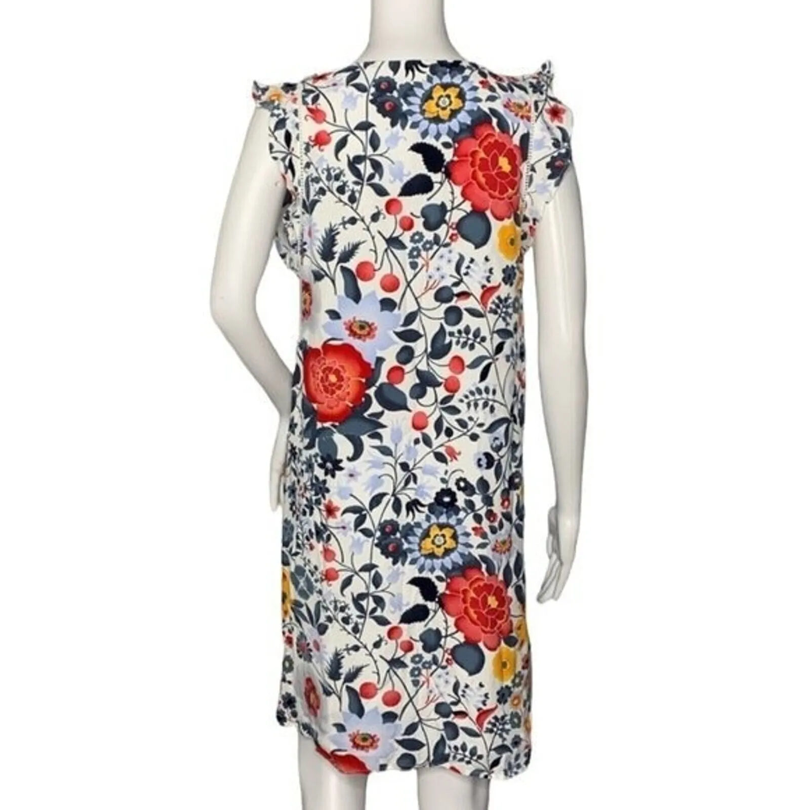 Loft Dress Women XS White Multi Floral Flower Shift Dress Ruffle Sleeve Colorful - Image 3