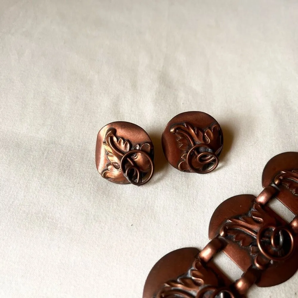 Vintage Copper Leaf Scroll Bracelet & Clip On Earrings‎ Set Retro Brown - Image 4